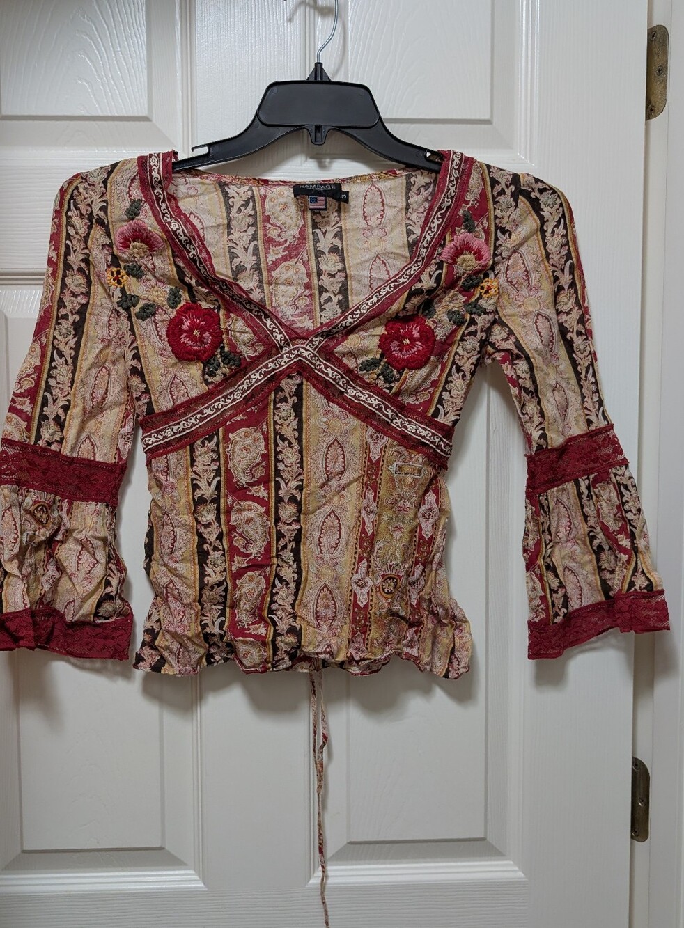 Rampage Paisley Boho Blouse Bell Sleeve Lace Floral Top Red Size Small Y2k